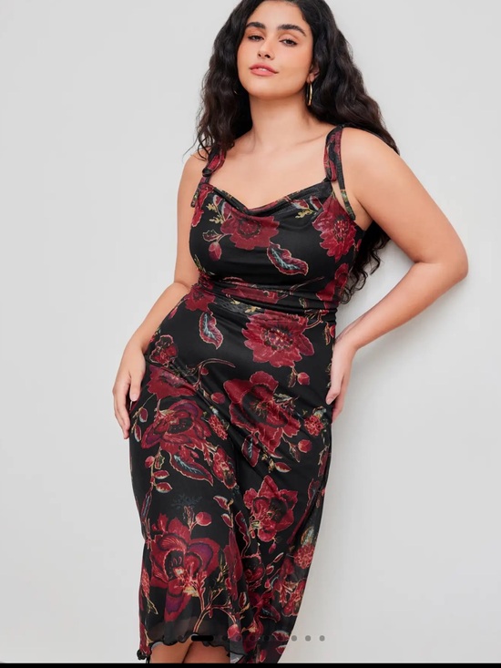 Cider Dresses & Skirts - Cider Black Midi Slip Dress with Red Floral Print